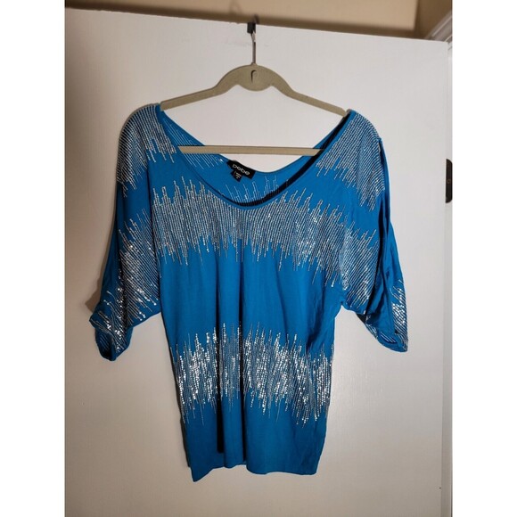 Vintage Y2K 00s Bebe Small S Teal Sequin Embellished Bling Cold Shoulder Top - Picture 1 of 8